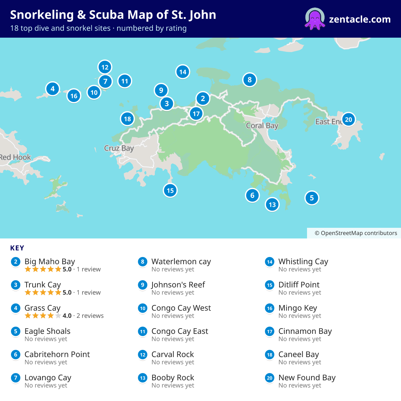 Snorkeling & Scuba Map of St. John: numbered map of the top 18 dive and snorkel sites, with ratings