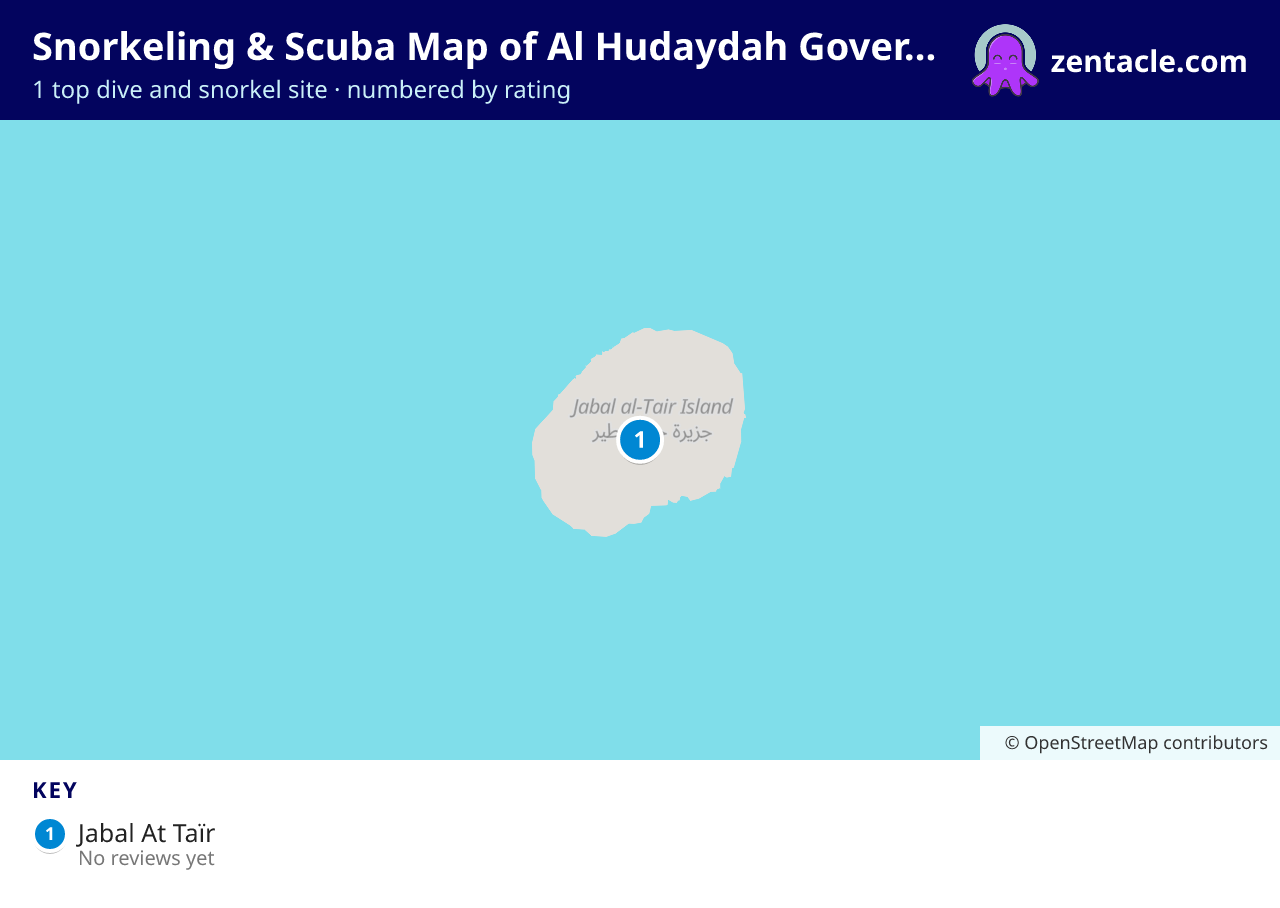 Snorkeling & Scuba Map of Al Hudaydah Governorate: numbered map of the top 1 dive and snorkel sites, with ratings