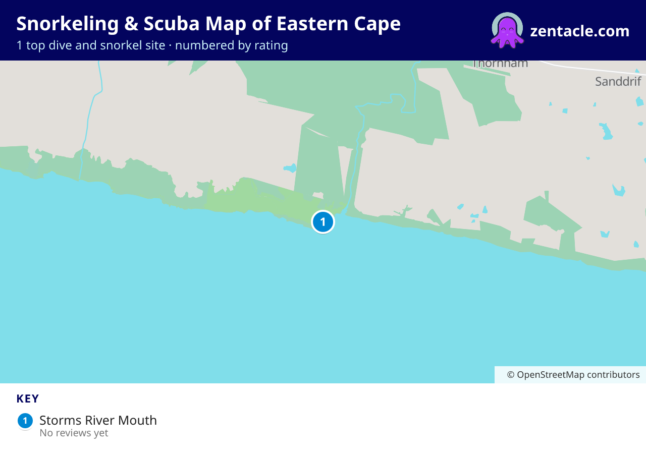 Snorkeling & Scuba Map of Eastern Cape: numbered map of the top 1 dive and snorkel sites, with ratings
