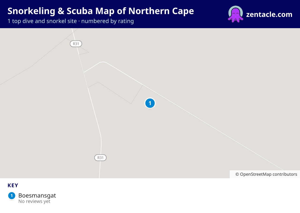 Snorkeling & Scuba Map of Northern Cape: numbered map of the top 1 dive and snorkel sites, with ratings