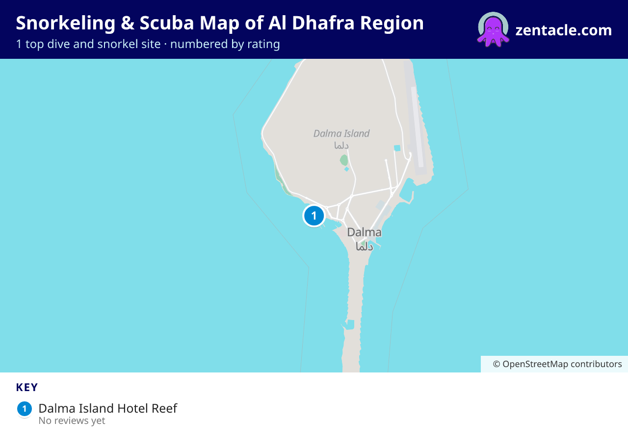 Snorkeling & Scuba Map of Al Dhafra Region: numbered map of the top 1 dive and snorkel sites, with ratings