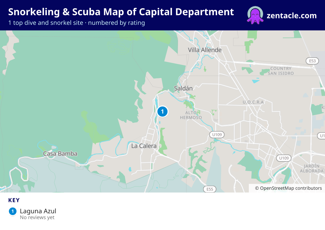 Snorkeling & Scuba Map of Capital Department: numbered map of the top 1 dive and snorkel sites, with ratings