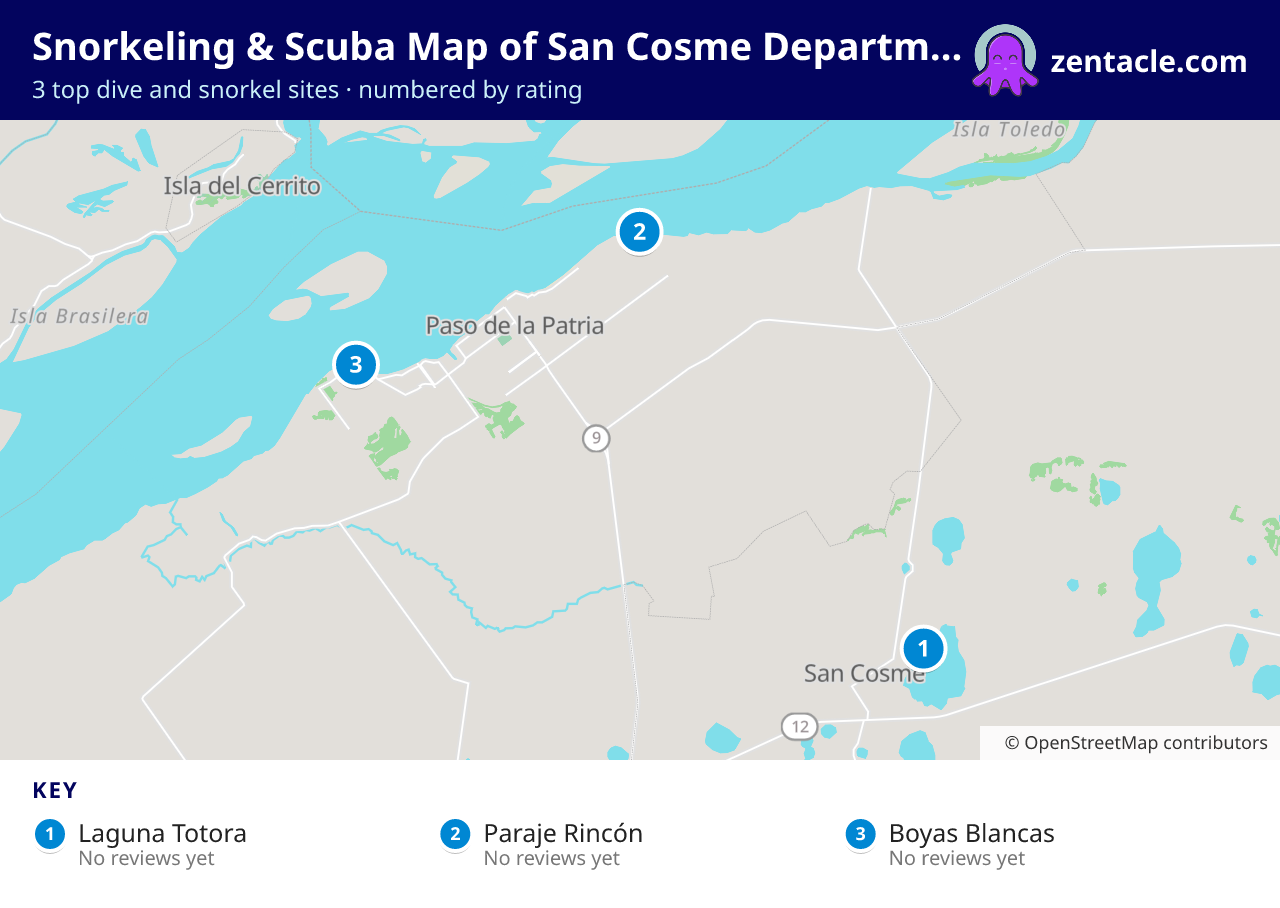 Snorkeling & Scuba Map of San Cosme Department: numbered map of the top 3 dive and snorkel sites, with ratings