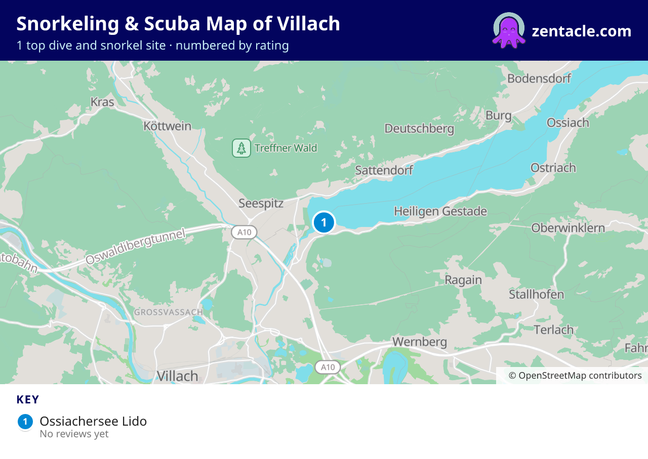 Snorkeling & Scuba Map of Villach: numbered map of the top 1 dive and snorkel sites, with ratings