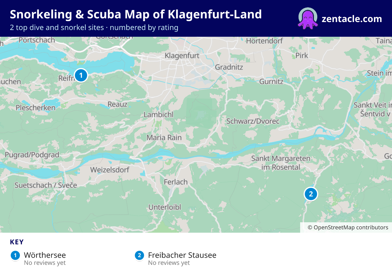 Snorkeling & Scuba Map of Klagenfurt-Land: numbered map of the top 2 dive and snorkel sites, with ratings