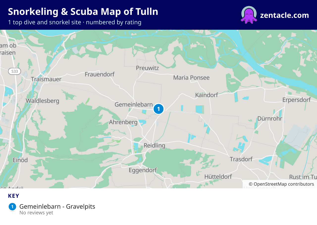 Snorkeling & Scuba Map of Tulln: numbered map of the top 1 dive and snorkel sites, with ratings