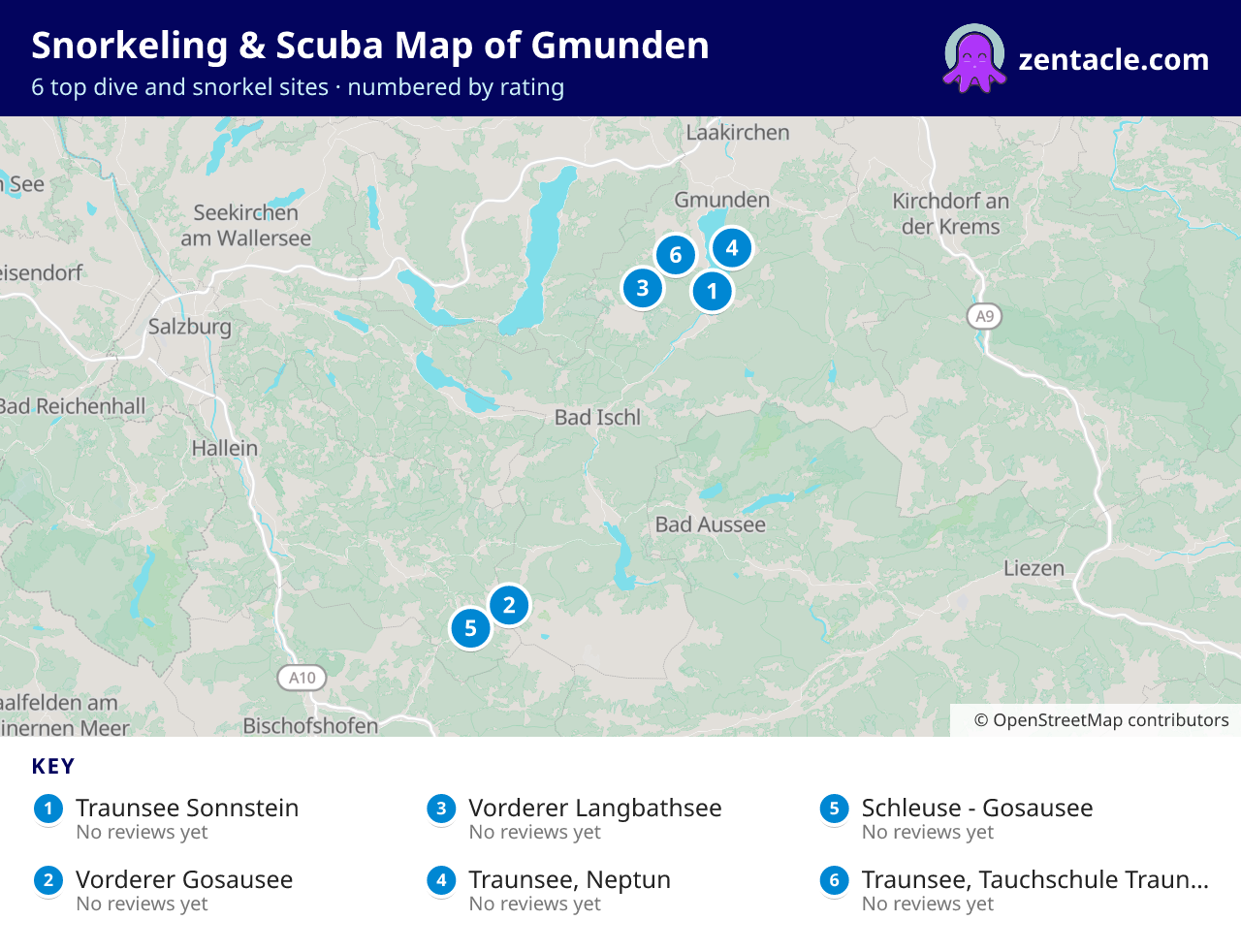 Snorkeling & Scuba Map of Gmunden: numbered map of the top 6 dive and snorkel sites, with ratings