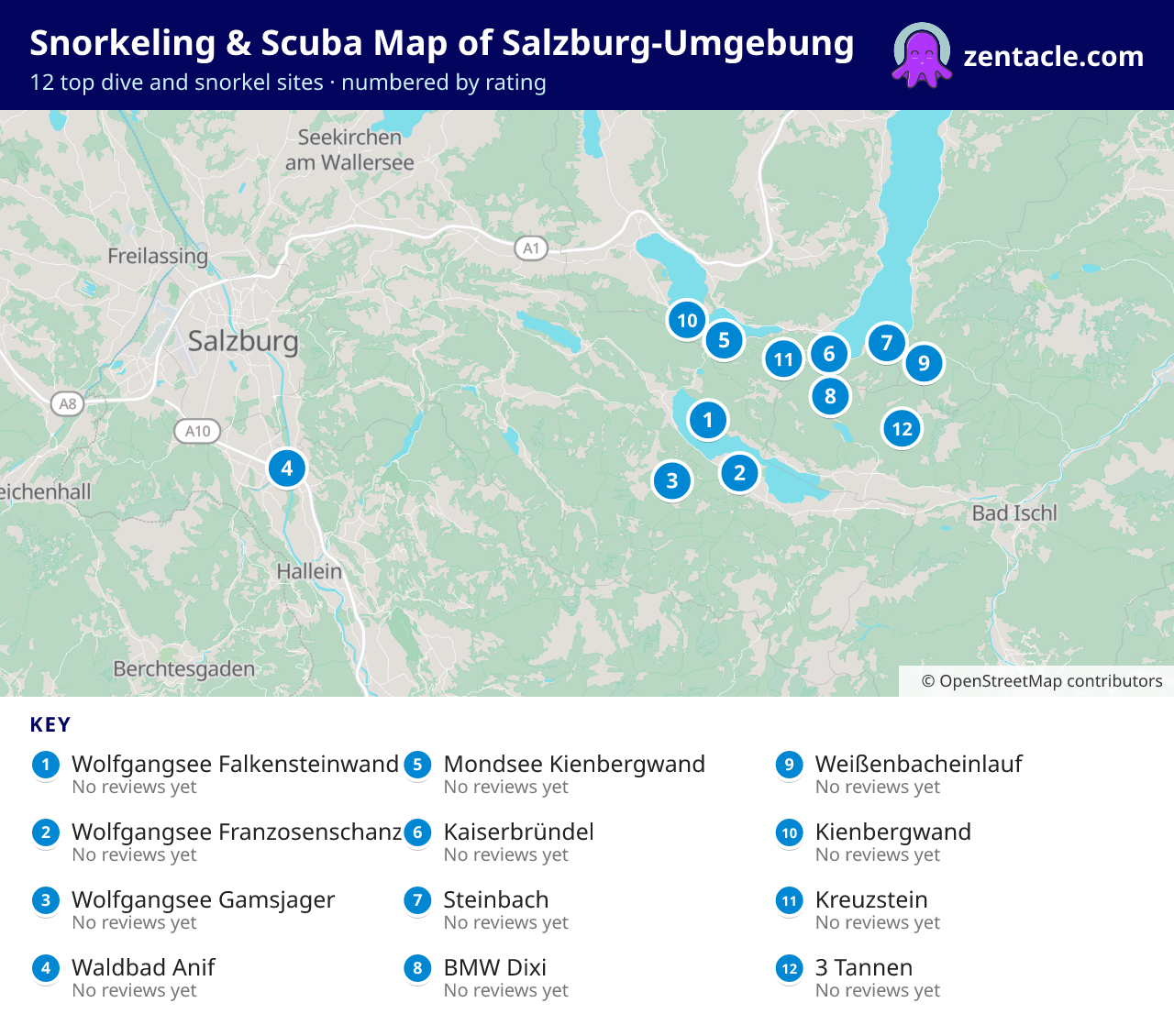 Snorkeling & Scuba Map of Salzburg-Umgebung: numbered map of the top 12 dive and snorkel sites, with ratings
