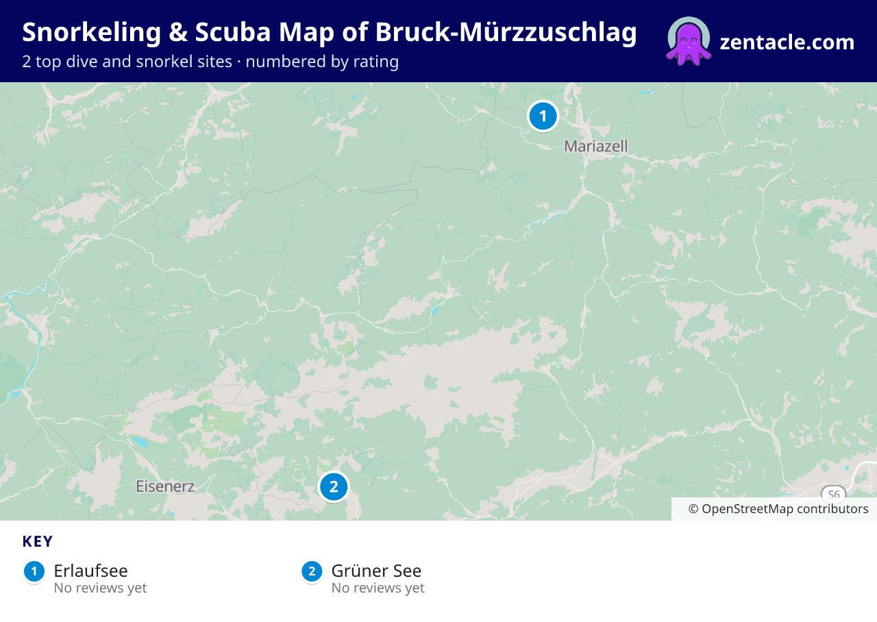 Snorkeling & Scuba Map of Bruck-Mürzzuschlag: numbered map of the top 2 dive and snorkel sites, with ratings