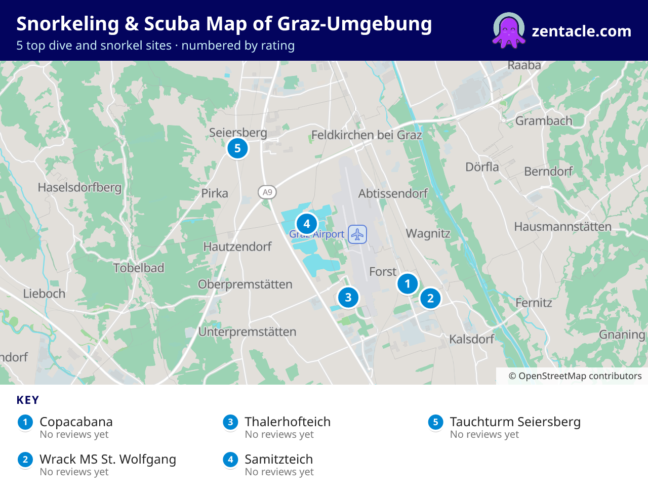 Snorkeling & Scuba Map of Graz-Umgebung: numbered map of the top 5 dive and snorkel sites, with ratings