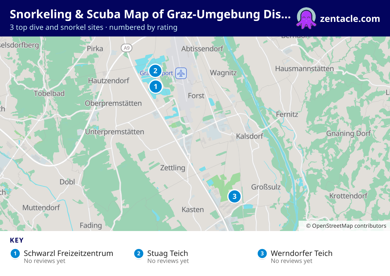 Snorkeling & Scuba Map of Graz-Umgebung District: numbered map of the top 3 dive and snorkel sites, with ratings
