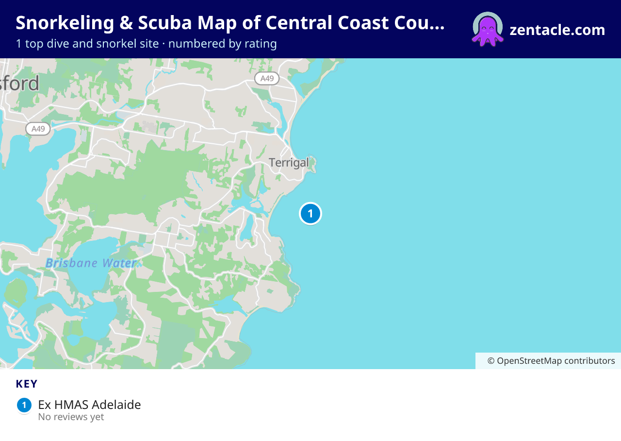 Snorkeling & Scuba Map of Central Coast Council: numbered map of the top 1 dive and snorkel sites, with ratings