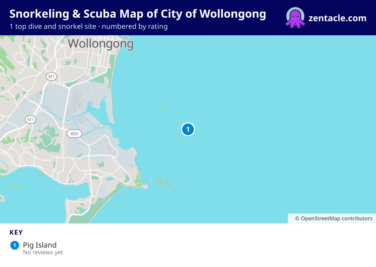 Snorkeling & Scuba Map of City of Wollongong: numbered map of the top 1 dive and snorkel sites, with ratings