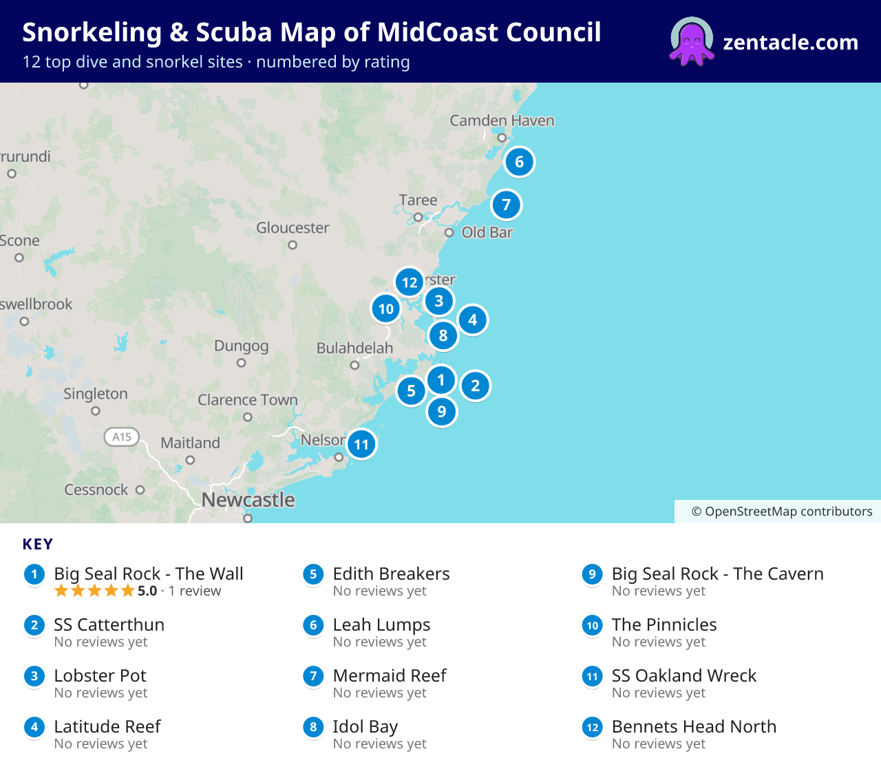 Snorkeling & Scuba Map of MidCoast Council: numbered map of the top 12 dive and snorkel sites, with ratings