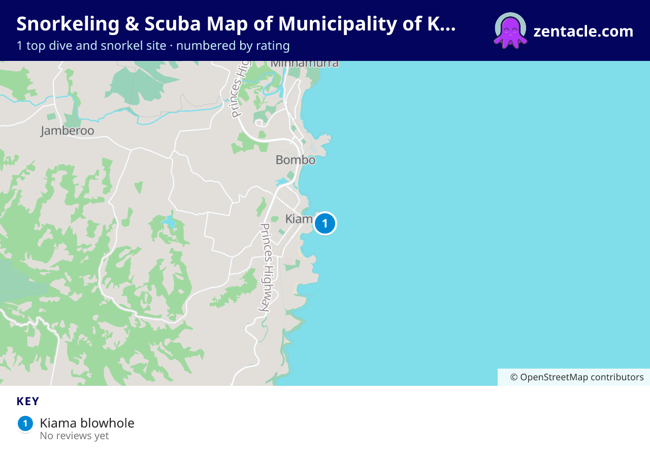 Snorkeling & Scuba Map of Municipality of Kiama: numbered map of the top 1 dive and snorkel sites, with ratings