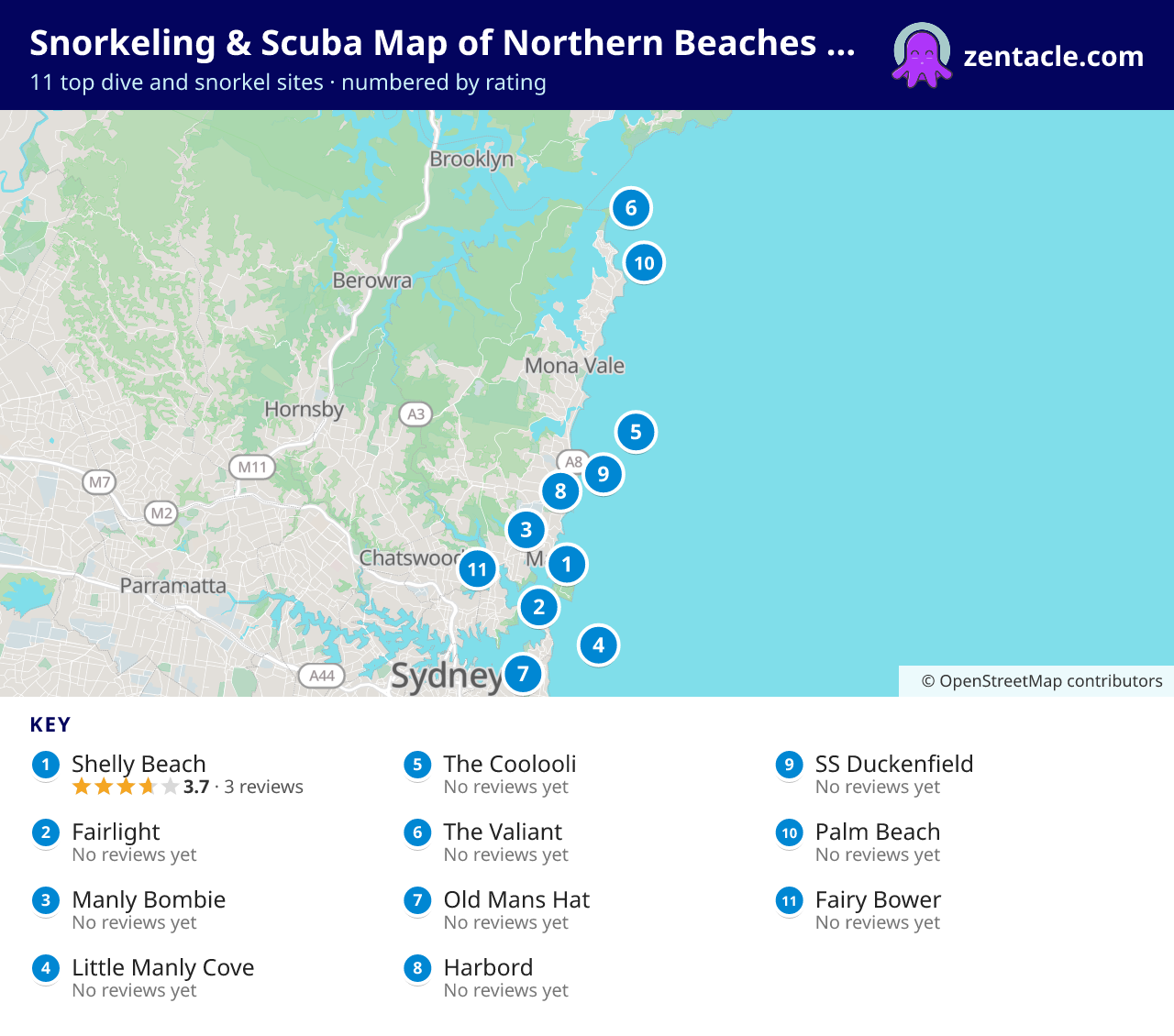 Snorkeling & Scuba Map of Northern Beaches Council: numbered map of the top 11 dive and snorkel sites, with ratings