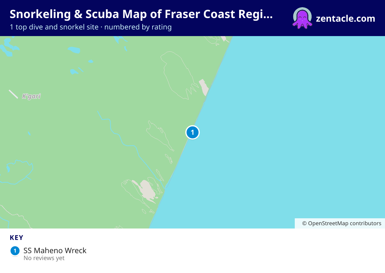 Snorkeling & Scuba Map of Fraser Coast Regional: numbered map of the top 1 dive and snorkel sites, with ratings