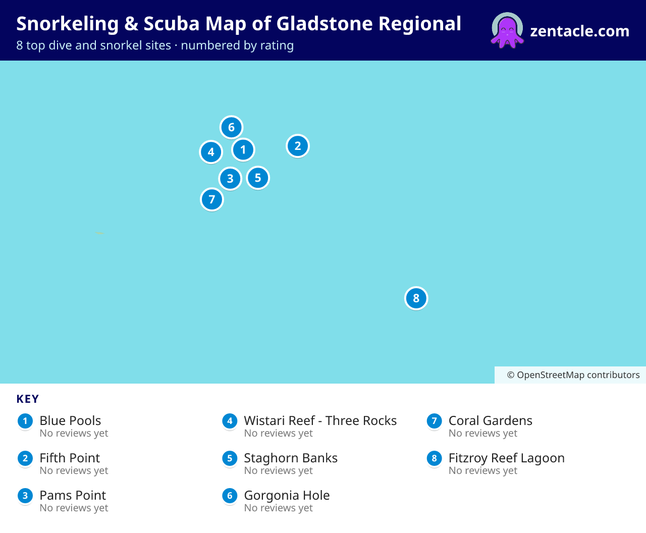 Snorkeling & Scuba Map of Gladstone Regional: numbered map of the top 8 dive and snorkel sites, with ratings