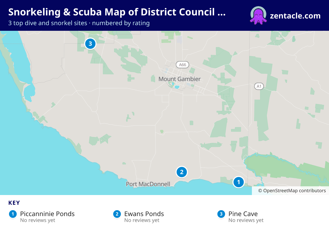 Snorkeling & Scuba Map of District Council of Grant: numbered map of the top 3 dive and snorkel sites, with ratings