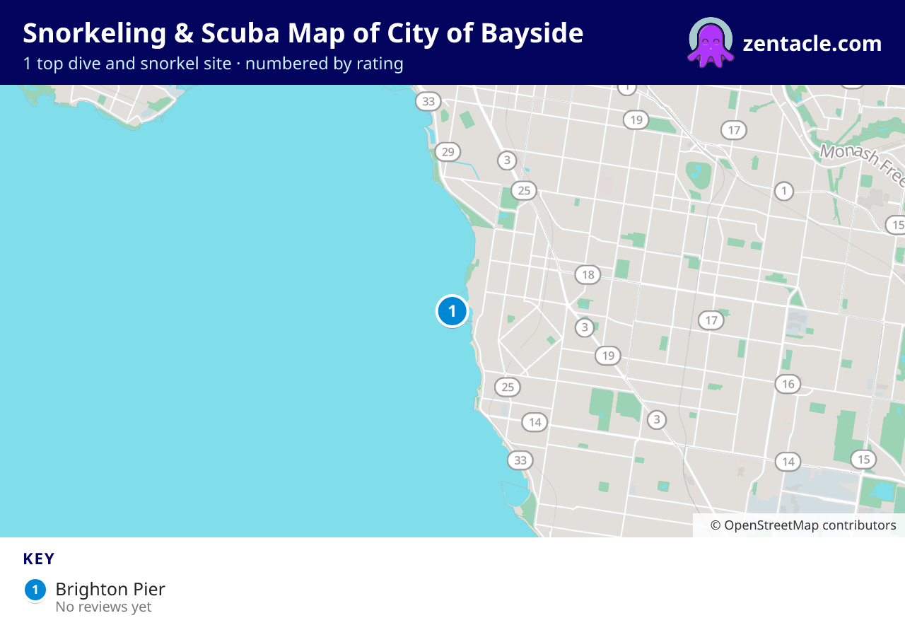 Snorkeling & Scuba Map of City of Bayside: numbered map of the top 1 dive and snorkel sites, with ratings