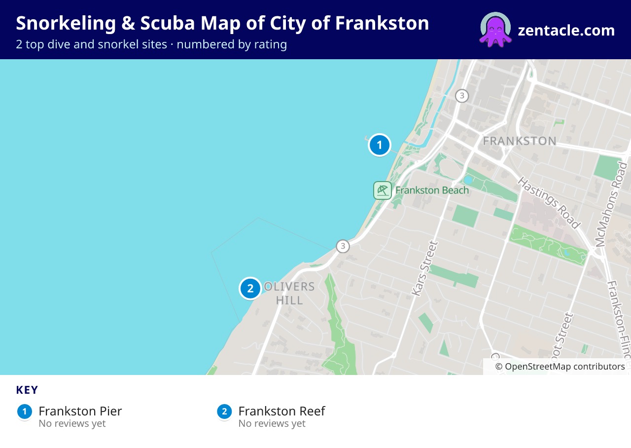 Snorkeling & Scuba Map of City of Frankston: numbered map of the top 2 dive and snorkel sites, with ratings