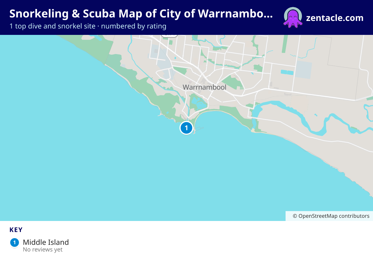 Snorkeling & Scuba Map of City of Warrnambool: numbered map of the top 1 dive and snorkel sites, with ratings