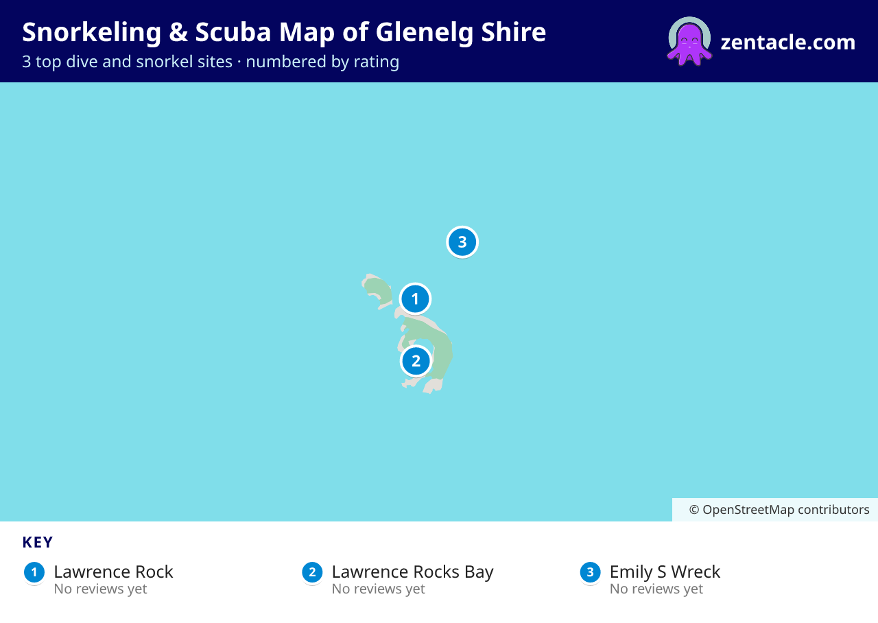 Snorkeling & Scuba Map of Glenelg Shire: numbered map of the top 3 dive and snorkel sites, with ratings
