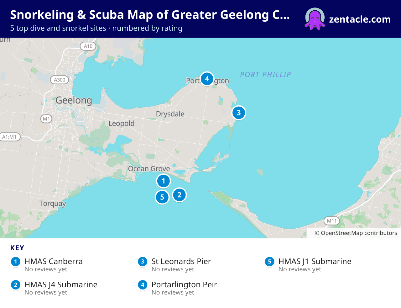 Snorkeling & Scuba Map of Greater Geelong City: numbered map of the top 5 dive and snorkel sites, with ratings