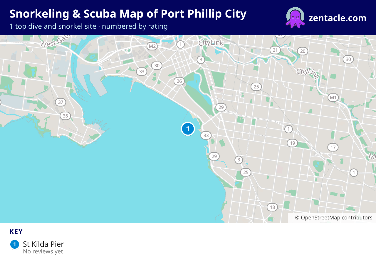 Snorkeling & Scuba Map of Port Phillip City: numbered map of the top 1 dive and snorkel sites, with ratings