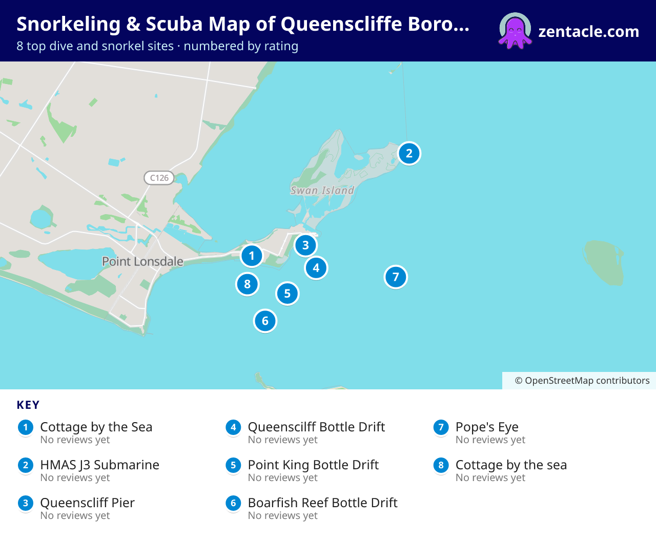 Snorkeling & Scuba Map of Queenscliffe Borough: numbered map of the top 8 dive and snorkel sites, with ratings