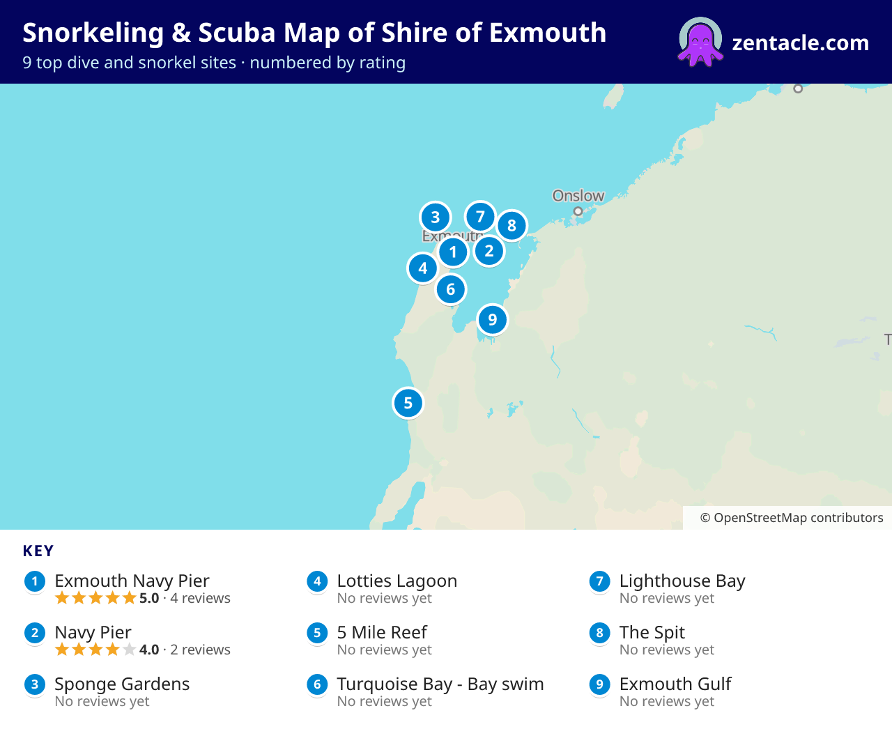 Snorkeling & Scuba Map of Shire of Exmouth: numbered map of the top 9 dive and snorkel sites, with ratings
