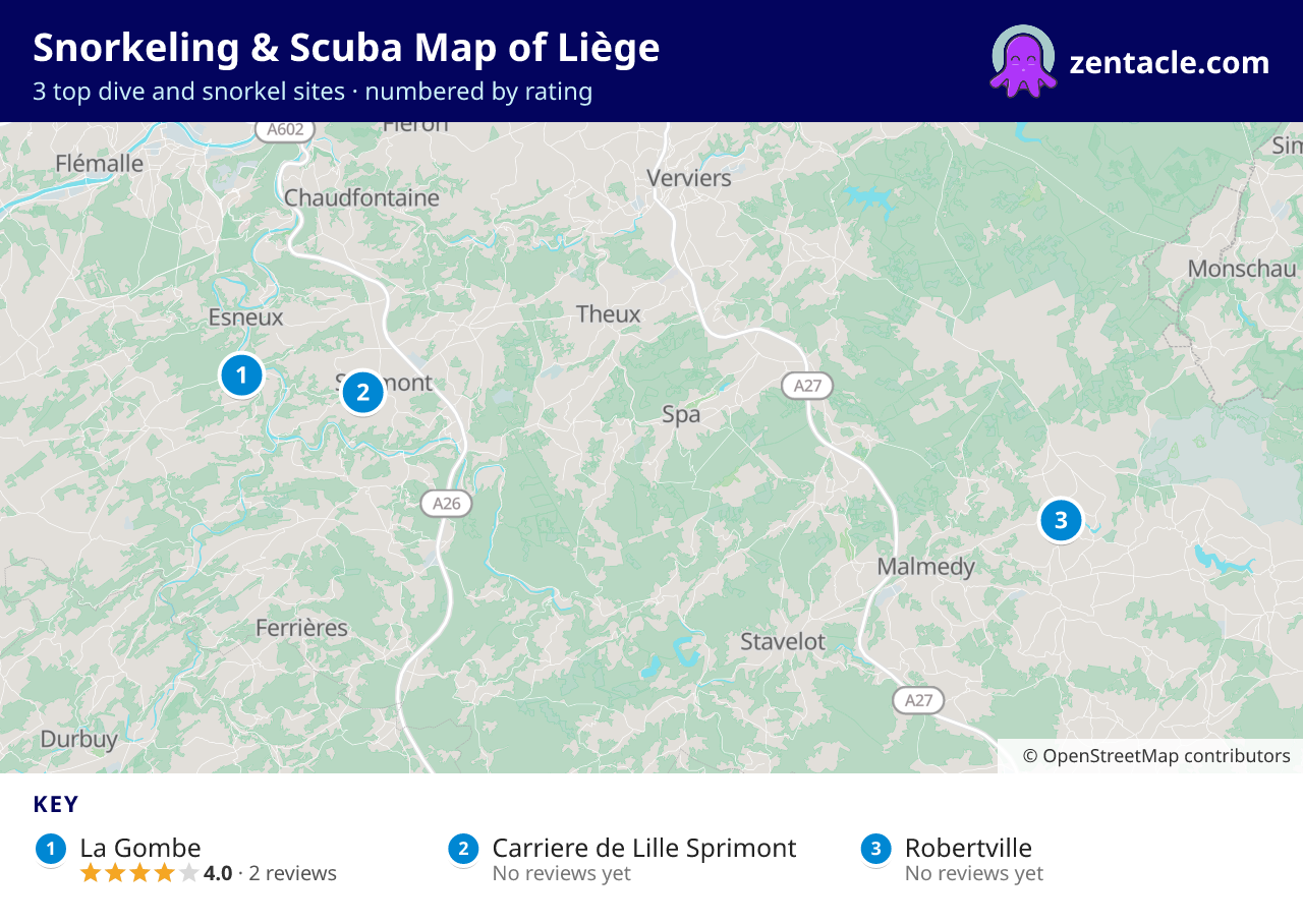 Snorkeling & Scuba Map of Liège: numbered map of the top 3 dive and snorkel sites, with ratings