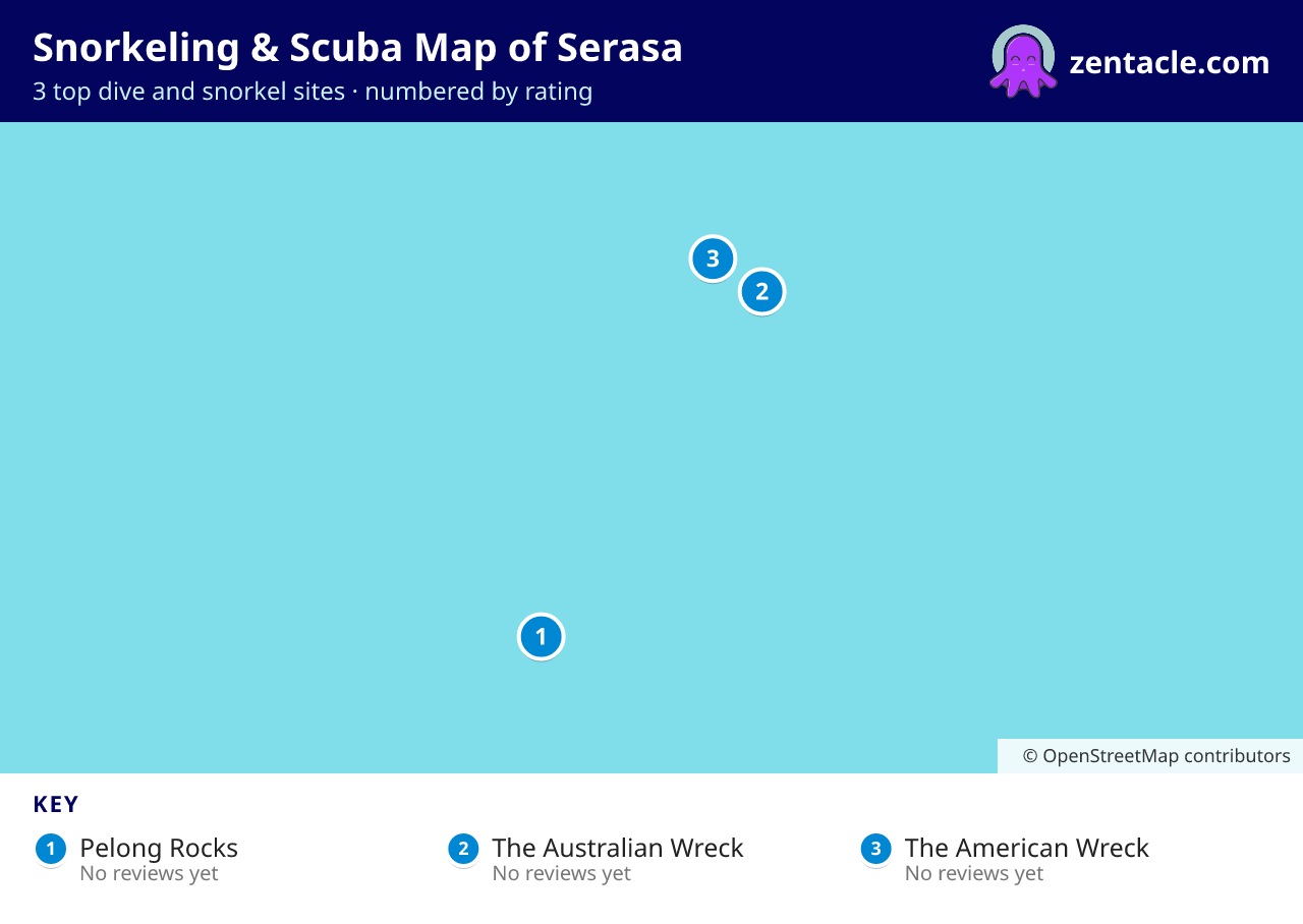 Snorkeling & Scuba Map of Serasa: numbered map of the top 3 dive and snorkel sites, with ratings