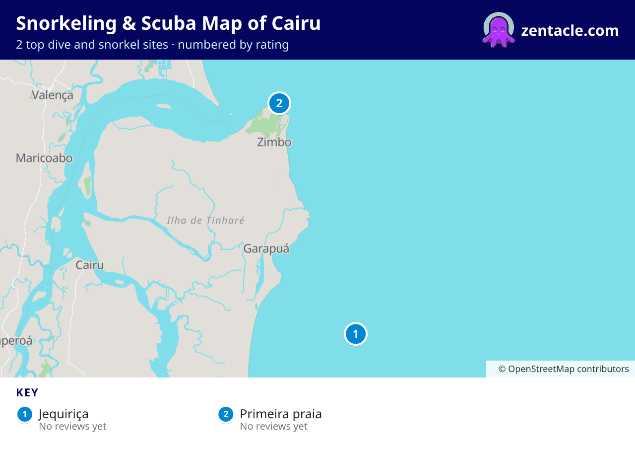 Snorkeling & Scuba Map of Cairu: numbered map of the top 2 dive and snorkel sites, with ratings