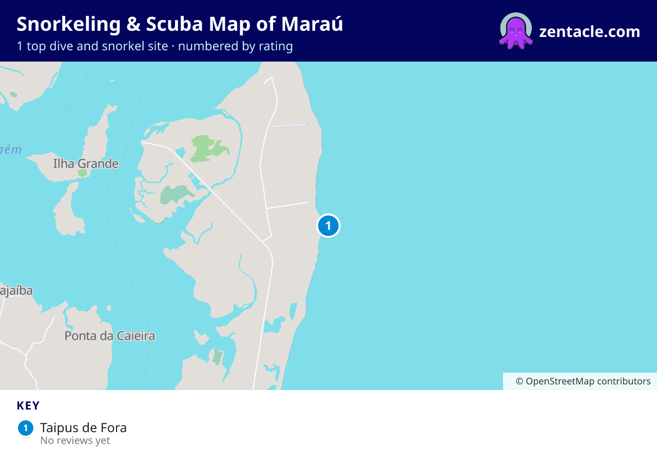 Snorkeling & Scuba Map of Maraú: numbered map of the top 1 dive and snorkel sites, with ratings