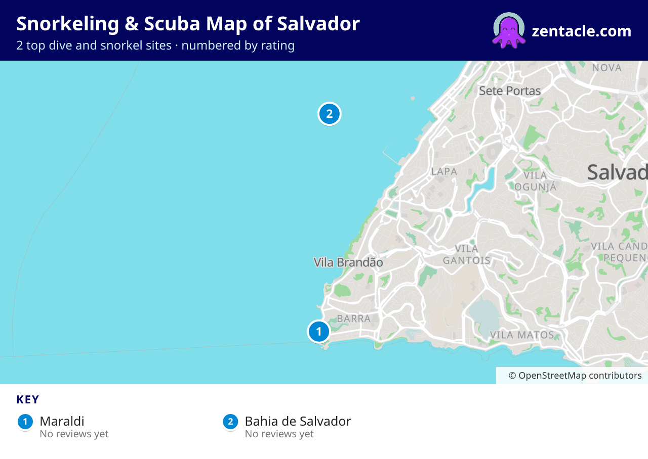 Snorkeling & Scuba Map of Salvador: numbered map of the top 2 dive and snorkel sites, with ratings