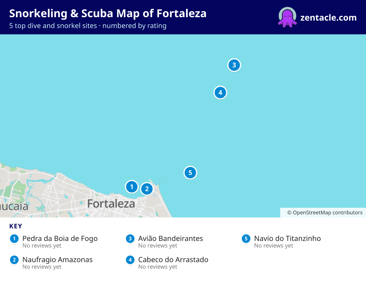 Snorkeling & Scuba Map of Fortaleza: numbered map of the top 5 dive and snorkel sites, with ratings