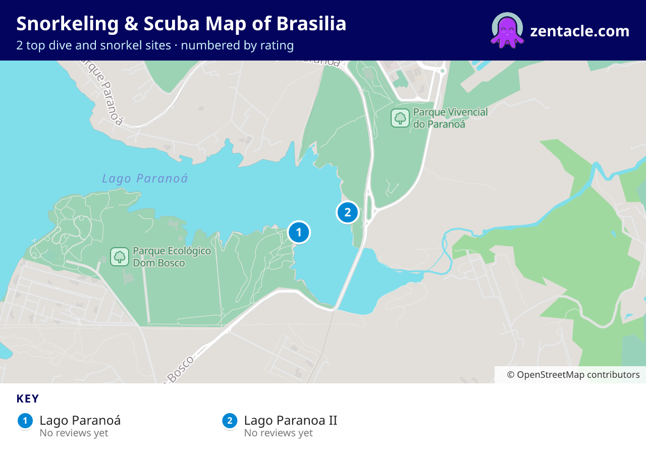 Snorkeling & Scuba Map of Brasilia: numbered map of the top 2 dive and snorkel sites, with ratings