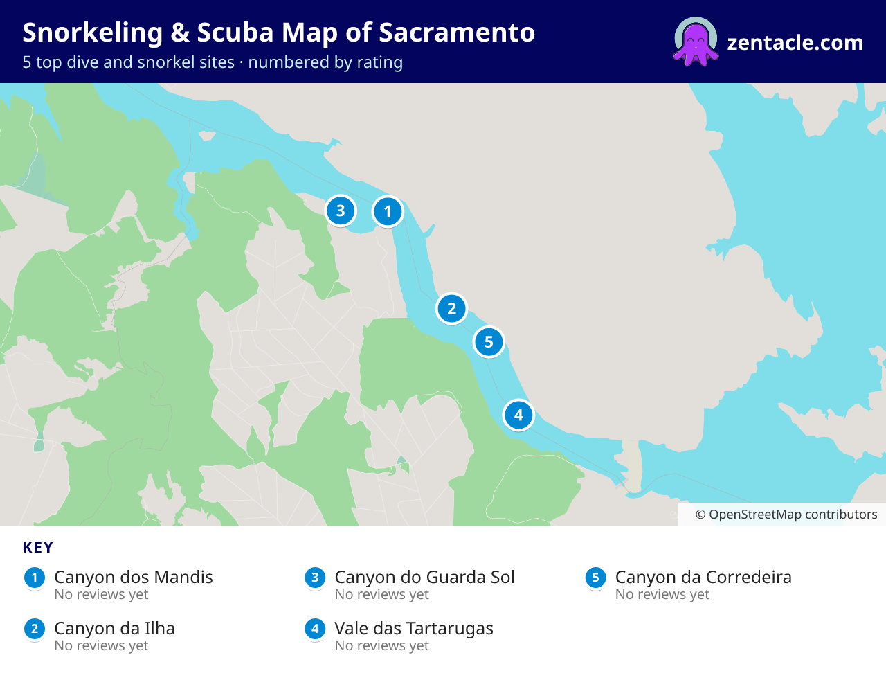 Snorkeling & Scuba Map of Sacramento: numbered map of the top 5 dive and snorkel sites, with ratings