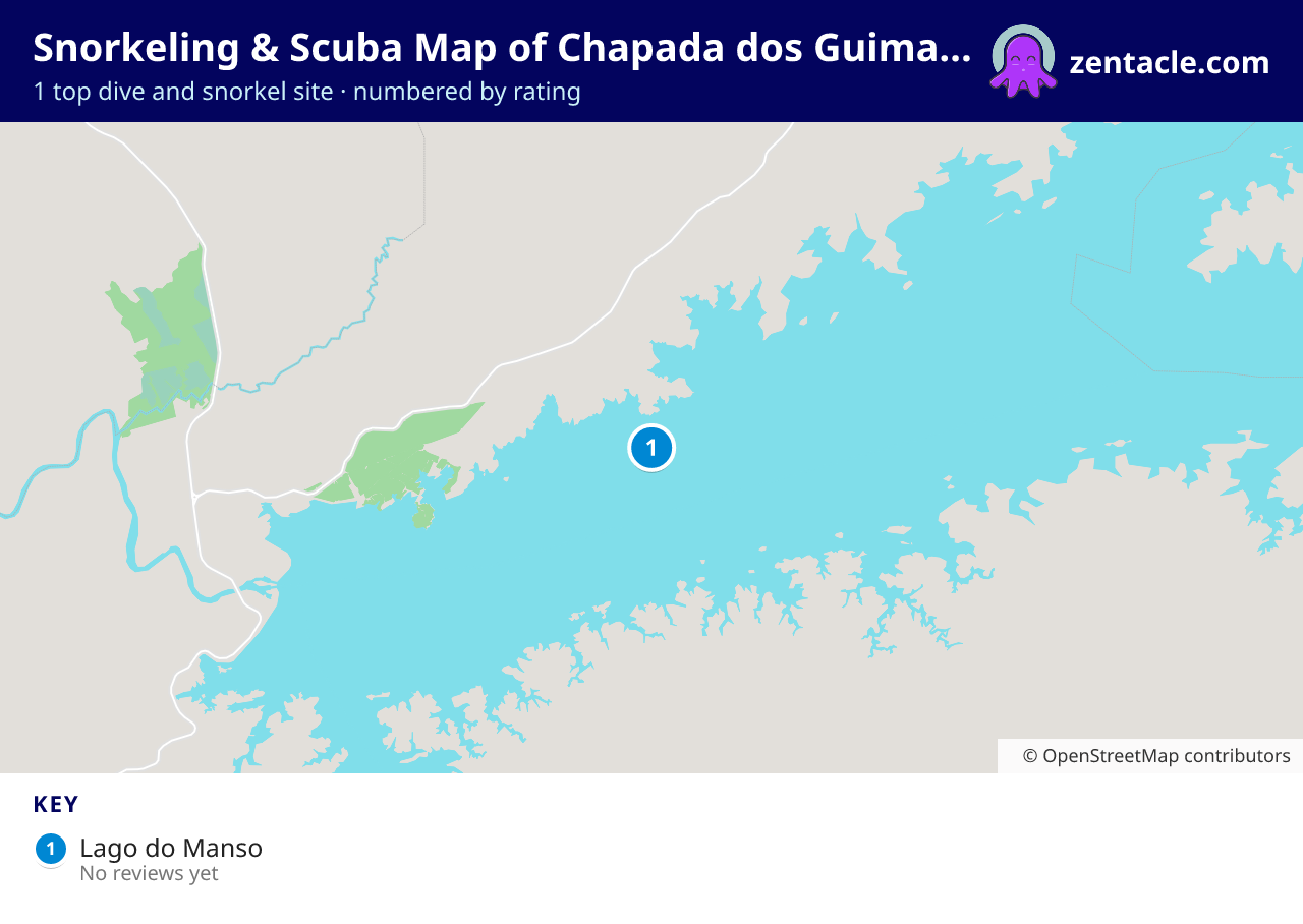 Snorkeling & Scuba Map of Chapada dos Guimarães: numbered map of the top 1 dive and snorkel sites, with ratings