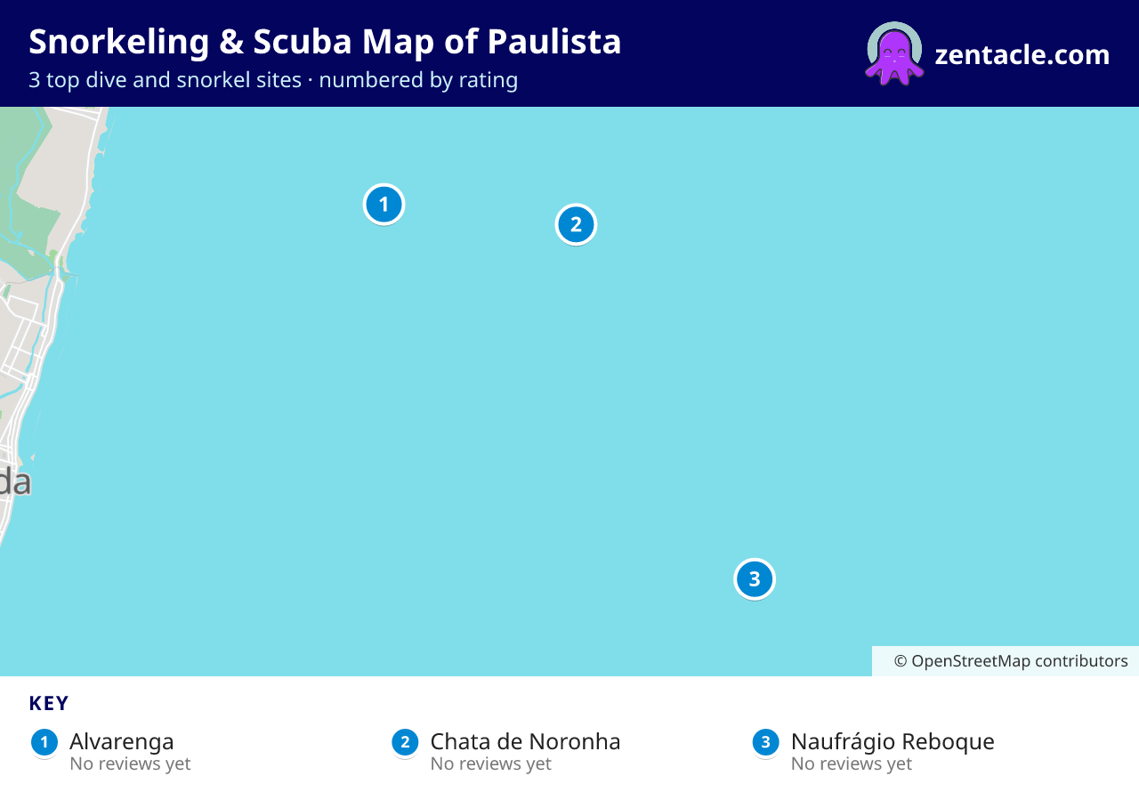 Snorkeling & Scuba Map of Paulista: numbered map of the top 3 dive and snorkel sites, with ratings