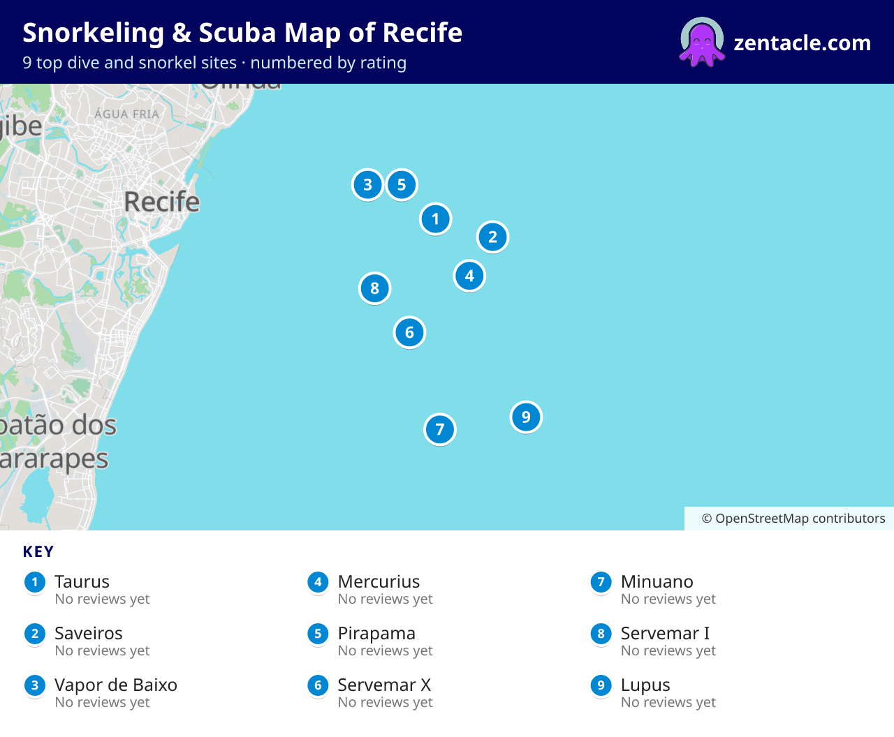 Snorkeling & Scuba Map of Recife: numbered map of the top 9 dive and snorkel sites, with ratings