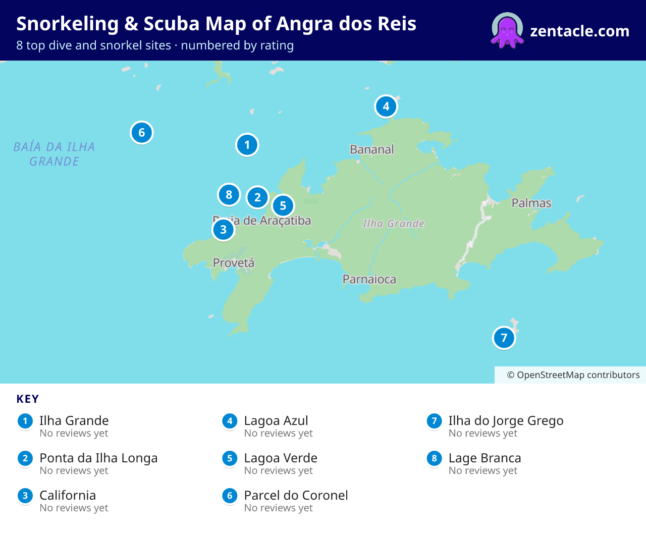 Snorkeling & Scuba Map of Angra dos Reis: numbered map of the top 8 dive and snorkel sites, with ratings