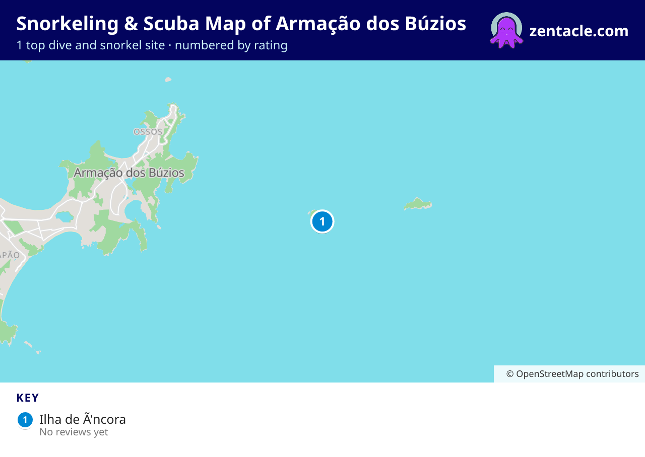 Snorkeling & Scuba Map of Armação dos Búzios: numbered map of the top 1 dive and snorkel sites, with ratings