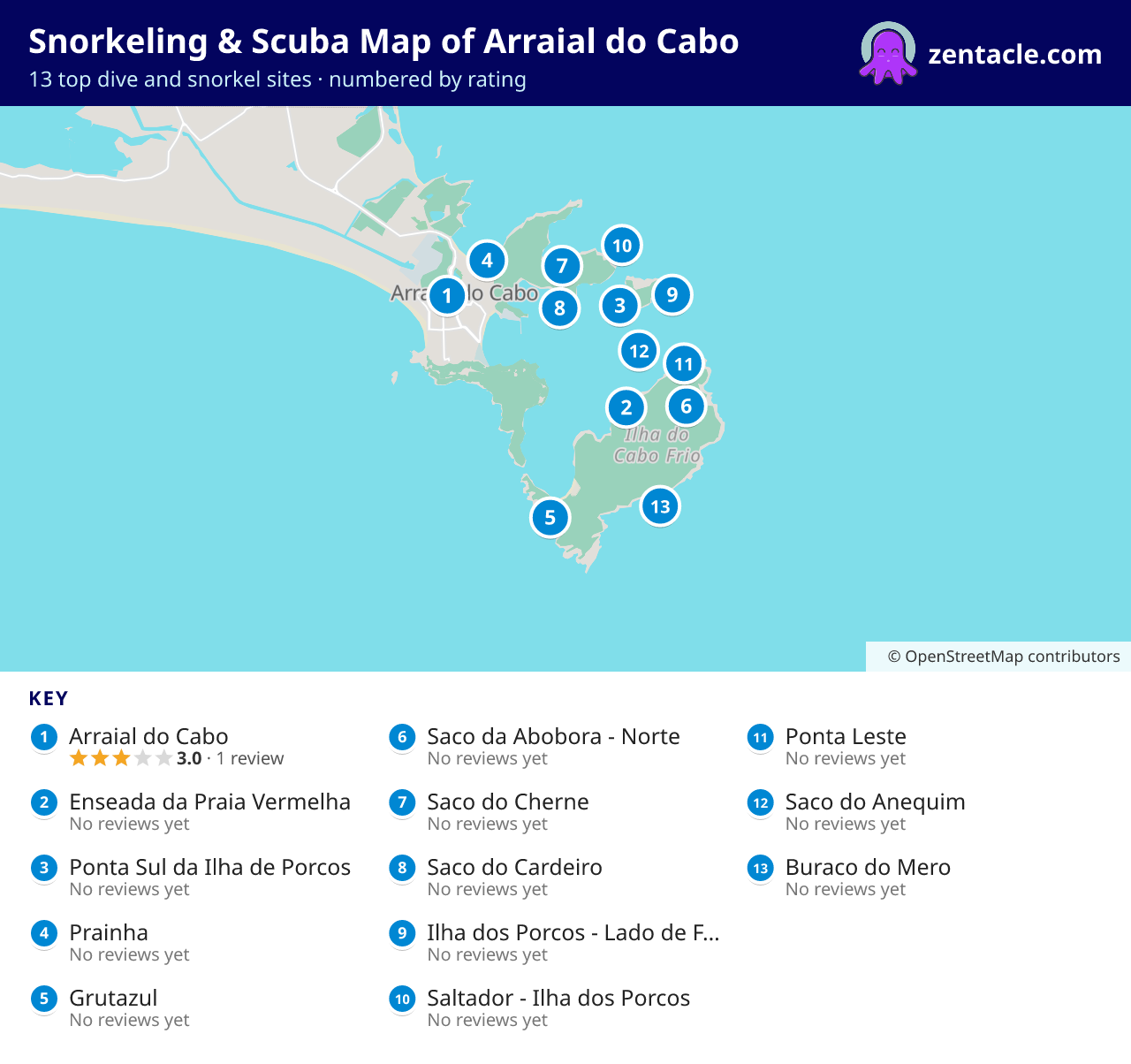 Snorkeling & Scuba Map of Arraial do Cabo: numbered map of the top 13 dive and snorkel sites, with ratings