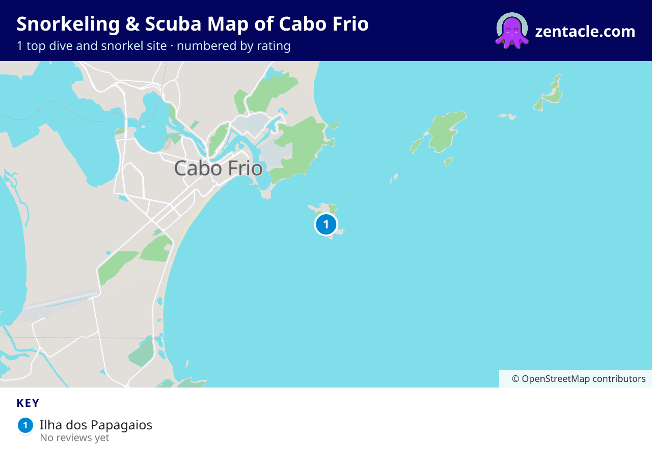 Snorkeling & Scuba Map of Cabo Frio: numbered map of the top 1 dive and snorkel sites, with ratings