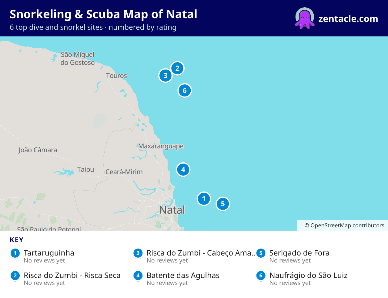 Snorkeling & Scuba Map of Natal: numbered map of the top 6 dive and snorkel sites, with ratings