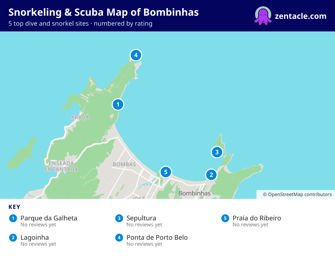 Snorkeling & Scuba Map of Bombinhas: numbered map of the top 5 dive and snorkel sites, with ratings