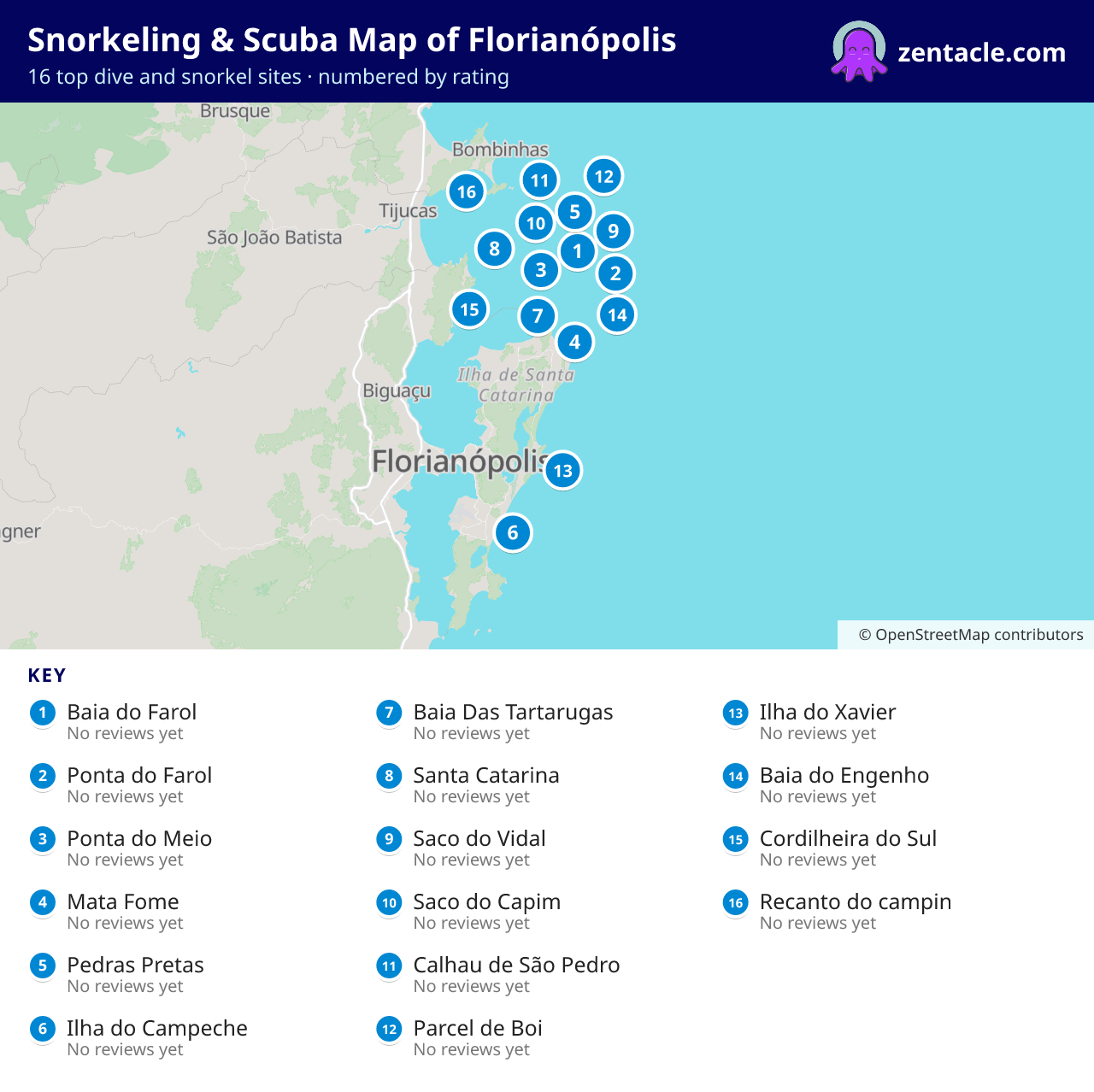 Snorkeling & Scuba Map of Florianópolis: numbered map of the top 16 dive and snorkel sites, with ratings