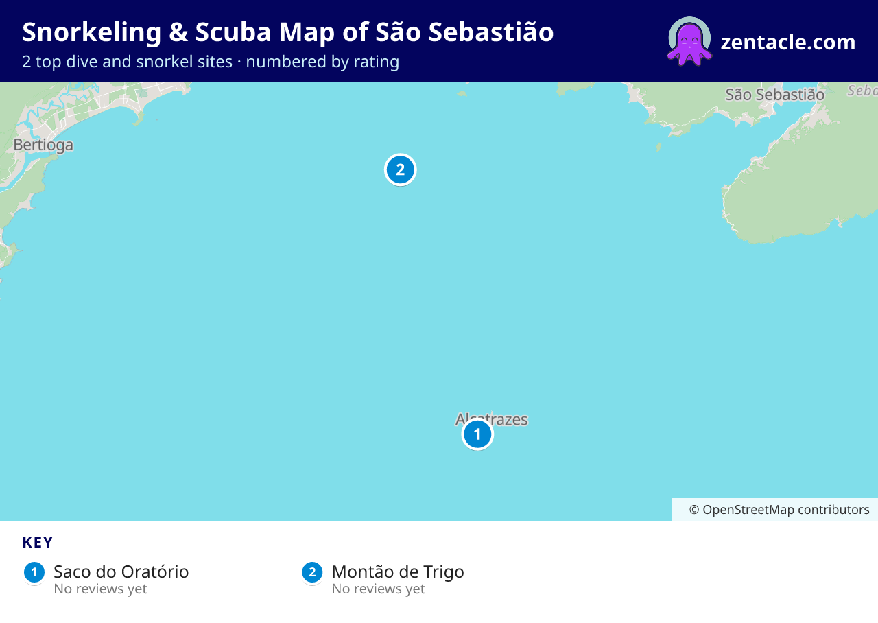 Snorkeling & Scuba Map of São Sebastião: numbered map of the top 2 dive and snorkel sites, with ratings